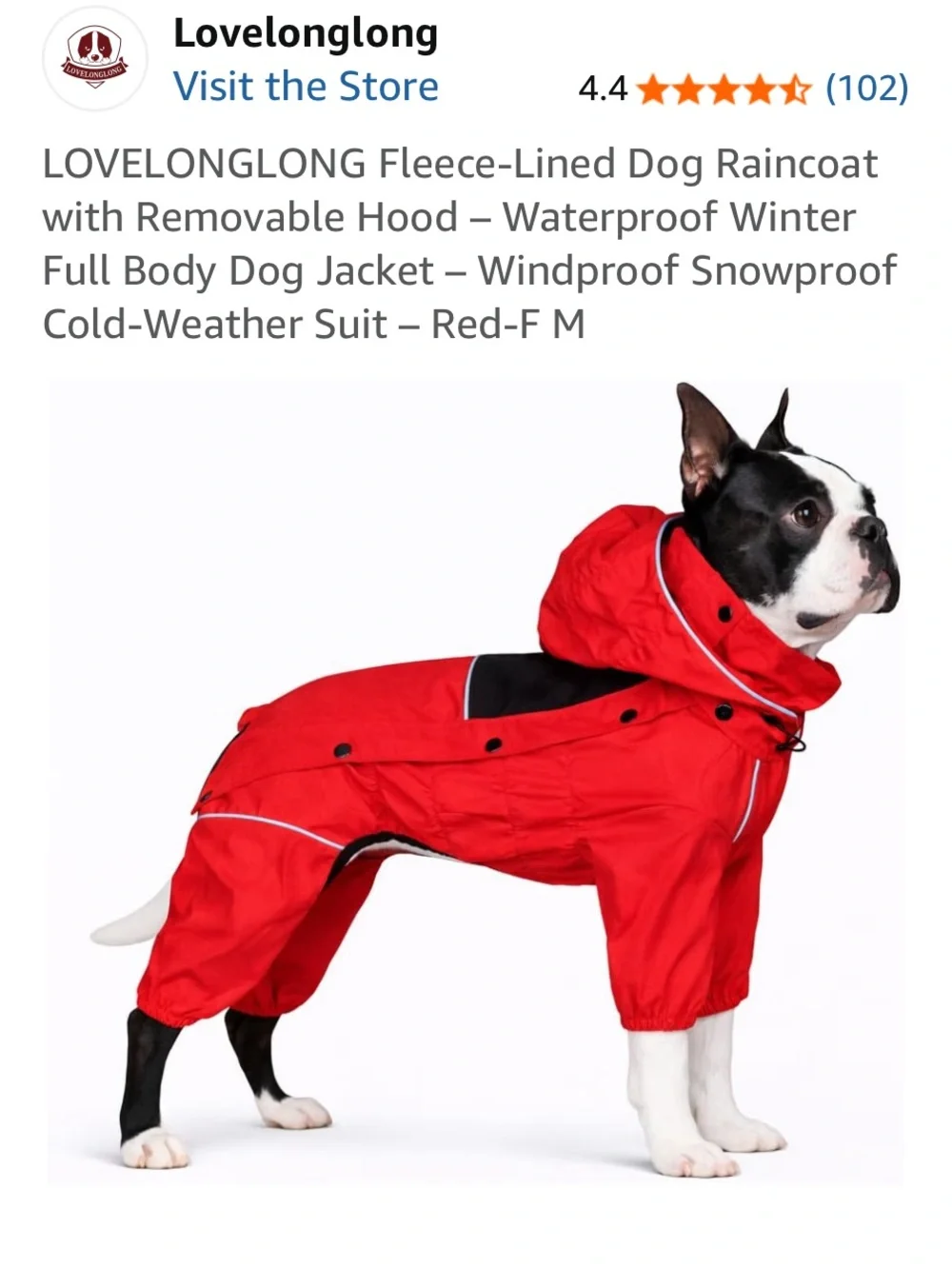 LOVELONGLONG Red Fleece-Lined Waterproof Dog Raincoat with Removable Hood